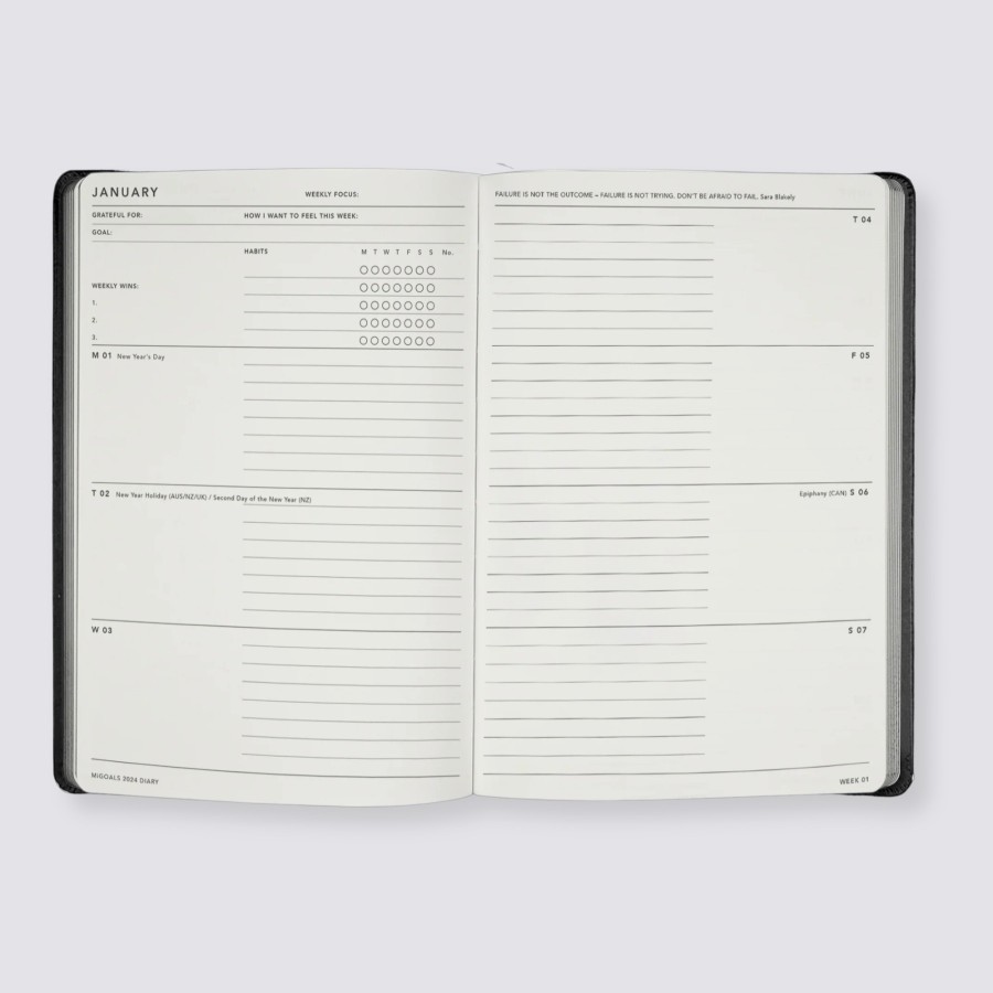 Diaries MiGoals 2024 Diaries | 2024 Weekly Spread Diary - Black