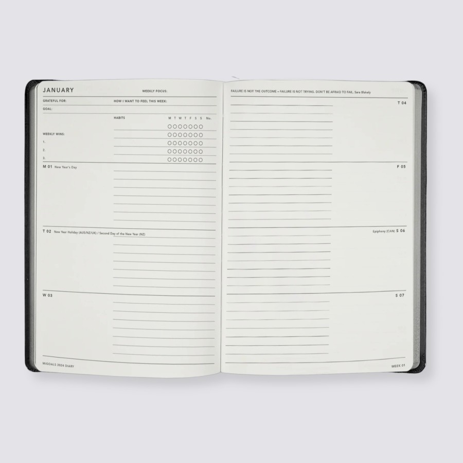 Diaries MiGoals All Dated Diaries | 2024 Weekly Spread Diary - Black